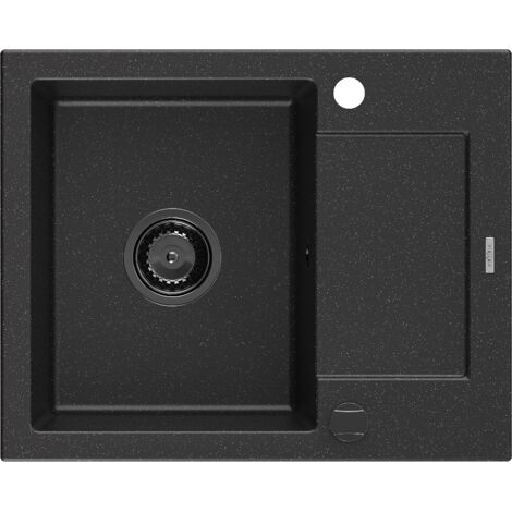 Mexen Enzo évier en granit à 1 cuve avec égouttoir 576 x 465 mm, Noir/ Argent métallique, siphon Noir - 6506571005-73-B (1/5)