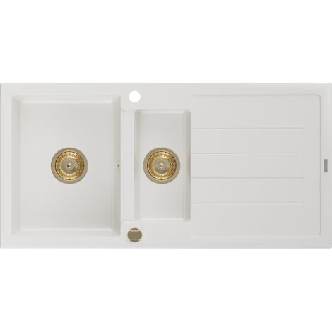 Mexen Andres évier en granit à 1,5 cuvette avec égouttoir 1000 x 500 mm, Blanc, siphon Or - 6515101510-20-G