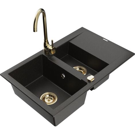 Mexen Gaspar évier en granit 1,5 bac avec égouttoir et robinet de cuisine Telma, noir/or - 6507-75-670200-50 (1/5)