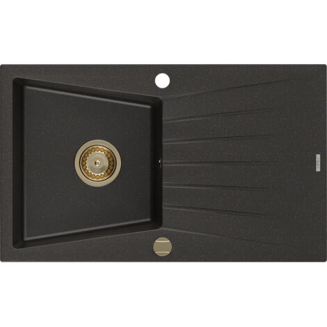Mexen Cesar évier en granit à 1 cuve avec égouttoir 775 x 470 mm, Noir/Or métallique, siphon Or - 6514771010-75-G (1/5)