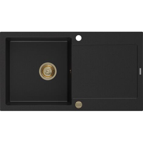 Mexen Leo évier en granit à 1 cuve avec égouttoir 900 x 500 mm, Noir, siphon Or - 6501901010-77-G (1/5)