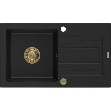 Mexen Pablo évier en granit à 1 cuve avec égouttoir 752 x 436 mm, Noir, siphon Or - 6510751010-77-G (1/5)