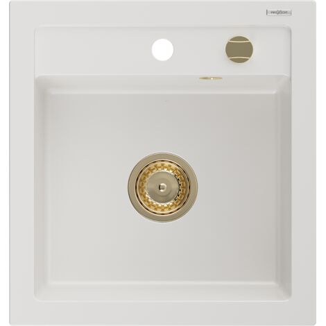 Mexen Vito évier en granit à 1 cuve 520 x 490 mm, Blanc, siphon Or - 6503521000-20-G (1/5)