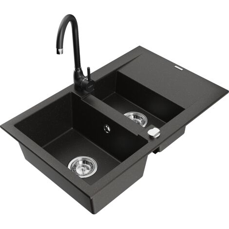 Mexen Gaspar évier en granit 1,5-bac avec égouttoir et robinet de cuisine Telma, noir/or - 6507-75-670200-70 (1/5)