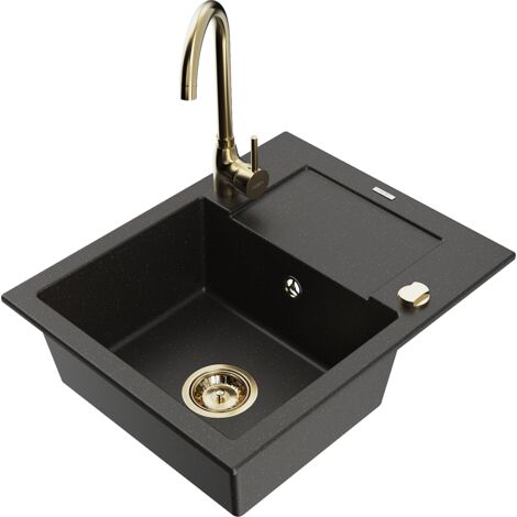 Mexen Enzo évier en granit 1 bac avec égouttoir et robinet de cuisine Telma, noir/or - 6506-75-670200-50 (1/5)