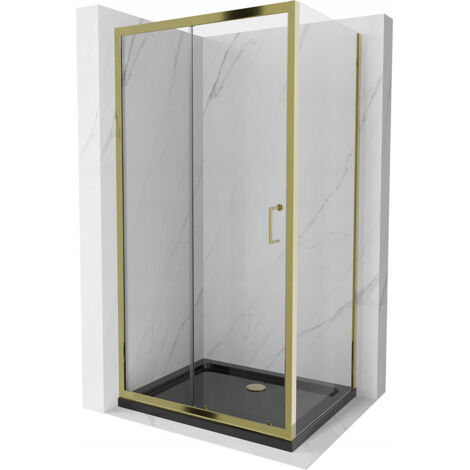 Cabine de douche coulissante Mexen Apia 90 x 100 cm, transparente, dorée + receveur Flat, noir - 840-090-100-50-00-4070G