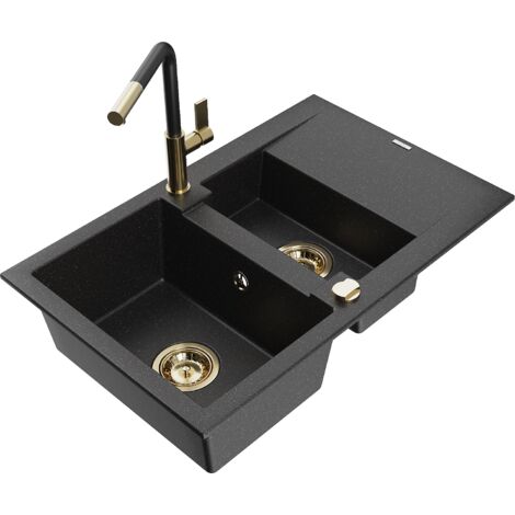 Mexen Gaspar évier en granit 1,5-bac avec égouttoir et robinet de cuisine Flora, noir/argent - 6507-73-670401-57-G (1/5)