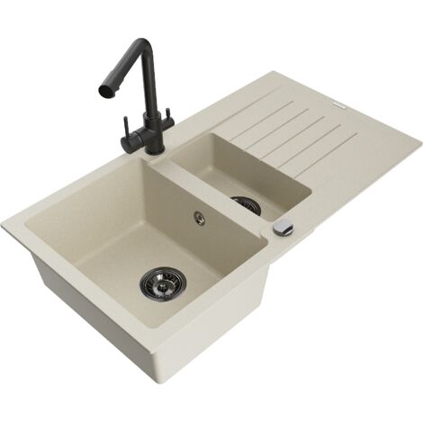 Mexen Matias évier en granit 1,5 bac avec égouttoir et robinet de cuisine Duero, beige - 6502-69-671600-70