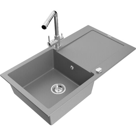 Mexen Leo évier en granit 1 bac avec égouttoir et robinet de cuisine Duero, gris - 6501-71-671600-00 (1/5)