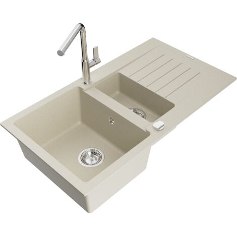 Évier en granit Mexen Matias 1,5 bac avec égouttoir et robinet de cuisine Flora, beige - 6502-69-670401-00 (1/5)