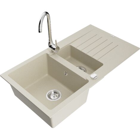 Mexen Matias évier en granit 1,5 bac avec égouttoir et robinet de cuisine Telma, beige - 6502-69-670200-00