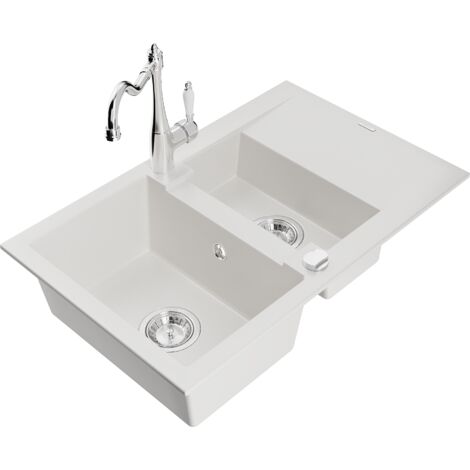 Mexen Gaspar évier en granit 1,5-bac avec égouttoir et robinet de cuisine Carla, blanc - 6507-20-670700-00 (1/5)