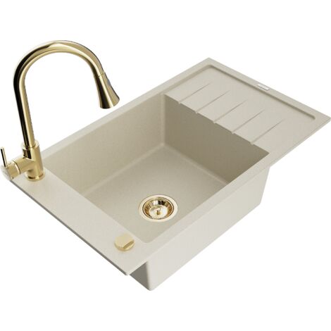 Mexen Elias évier en granit 1 bac avec égouttoir et robinet de cuisine Elia, beige - 6511-69-670101-50 (1/5)