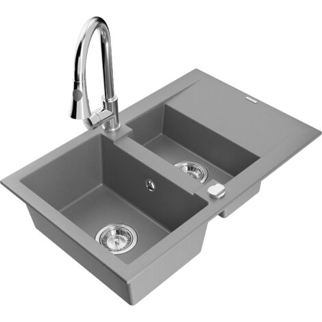 Mexen Gaspar évier en granit 1,5 bac avec égouttoir et robinet de cuisine Elia, gris - 6507-71-670101-00 (1/5)