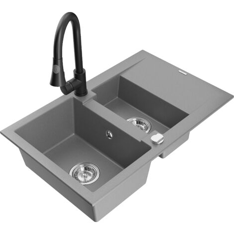 Mexen Gaspar évier en granit 1,5 bac avec égouttoir et robinet cuisine Elia, gris - 6507-71-670101-70 (1/5)