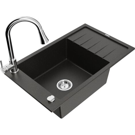 Mexen Elias évier en granite 1 chambre avec égouttoir et robinet de cuisine Elia, noir/or métallisé - 6511-75-670101-00 (1/5)