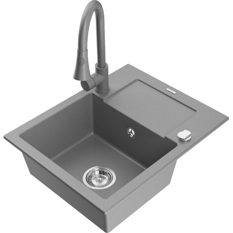 Mexen Enzo évier en granit 1-bac avec égouttoir et robinet de cuisine Elia, gris - 6506-71-670101-71 (1/5)