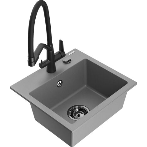 Mexen Milo évier en granit 1-bac avec robinet de cuisine Duo, gris - 6505-71-671701-70-B (1/5)
