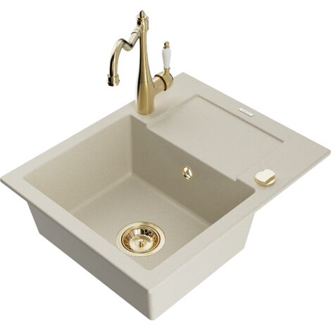 Mexen Enzo évier en granit 1 bac avec égouttoir et robinet de cuisine Carla, beige - 6506-69-670700-50 (1/5)