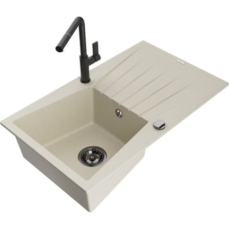 Mexen César évier en granit 1 bac avec égouttoir et robinet de cuisine Flora, beige - 6514-69-670401-70-B (1/5)