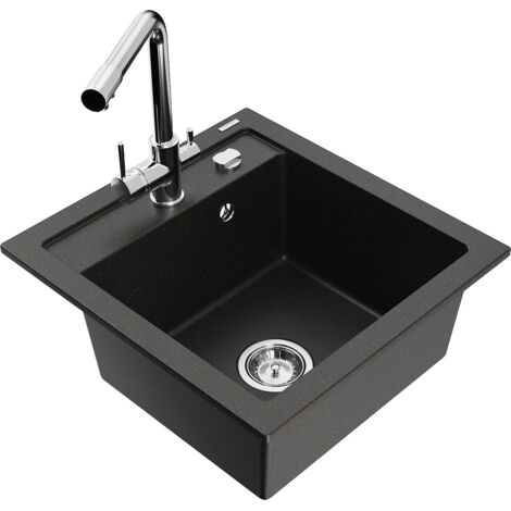 Mexen Vito évier en granit 1-bac avec robinet de cuisine Duero, noir/or métallique - 6503-75-671600-00 (1/5)