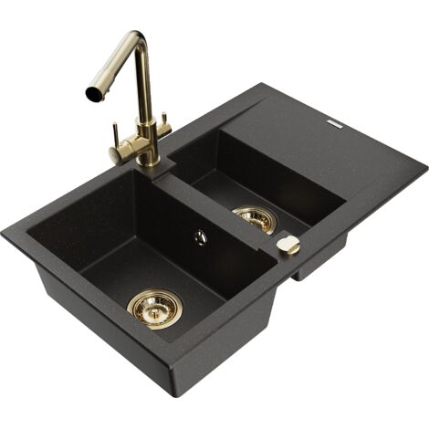 Mexen Gaspar évier en granit 1,5 bac avec égouttoir et robinet de cuisine Duero, noir/or métallisé - 6507-75-671600-50 (1/5)