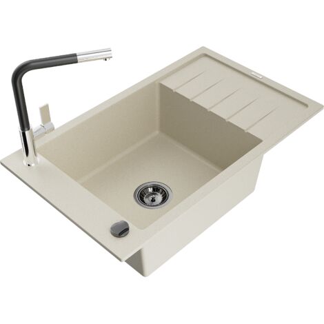 Mexen Elias évier en granit 1 bac avec égouttoir et robinet de cuisine Flora, beige - 6511-69-670401-07 (1/5)