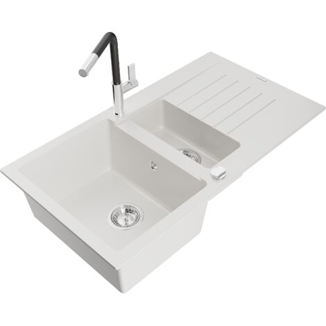 Mexen Matias évier en granit 1,5 bacs avec égouttoir et robinet Flora, blanc - 6502-20-670401-07 (1/5)