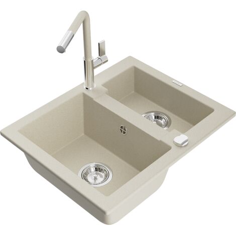 Mexen Carlos évier en granit à 1,5 cuve avec robinet mélangeur Flora, Beige - 6518-69-670401-09 (1/5)
