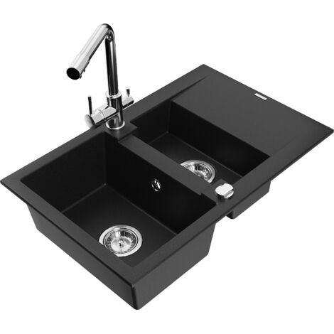 Mexen Gaspar évier en granit 1,5 bacs avec égouttoir et robinet de cuisine Duero, noir - 6507-77-671600-00 (1/5)