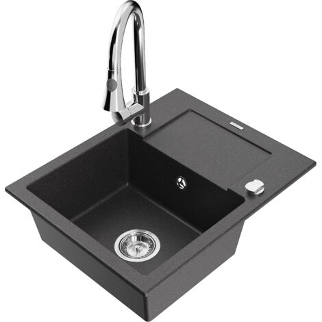 Mexen Enzo évier en granit 1 bac avec égouttoir et robinet de cuisine Elia, noir moucheté - 6506-76-670101-00 (1/5)