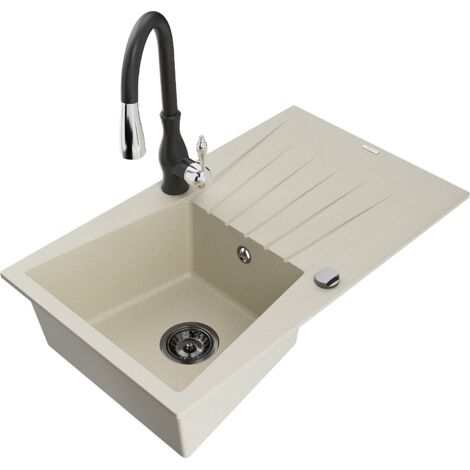 Mexen Cesar évier en granit 1 bac avec égouttoir et robinet de cuisine Savita, beige - 6514-69-672601-70 (1/5)