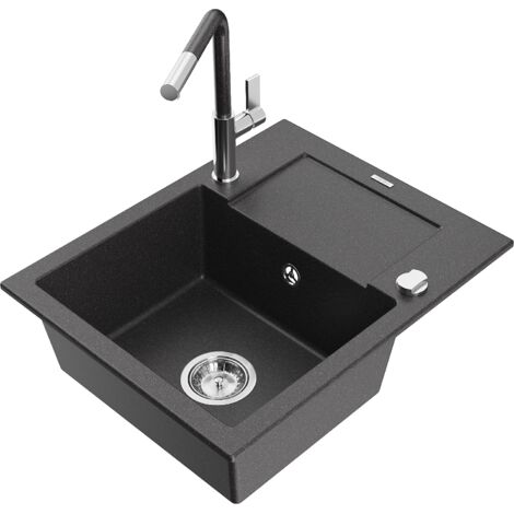 Mexen Enzo évier en granit 1 bac avec égouttoir et robinet de cuisine Flora, noir moucheté - 6506-76-670401-08 (1/5)