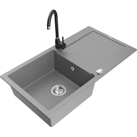 Mexen Leo évier en granit 1 bac avec égouttoir et robinet de cuisine Telma, gris - 6501-71-670200-70 (1/5)