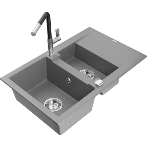 Mexen Gaspar évier en granit 1,5 bac avec égouttoir et robinet de cuisine Flora, gris - 6507-71-670401-07 (1/5)