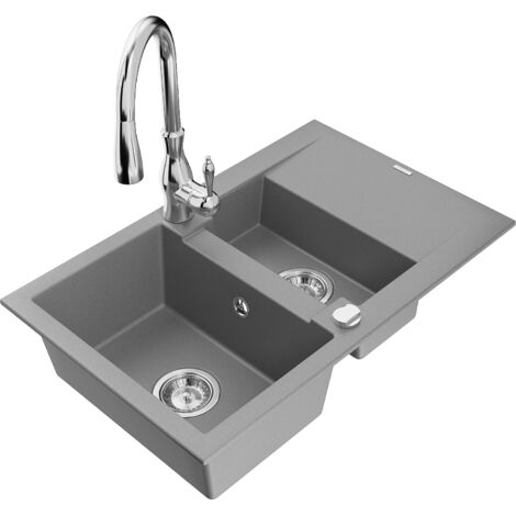 Mexen Gaspar évier en granit 1,5 bac avec égouttoir et robinet de cuisine Savita, gris - 6507-71-672601-00 (1/5)