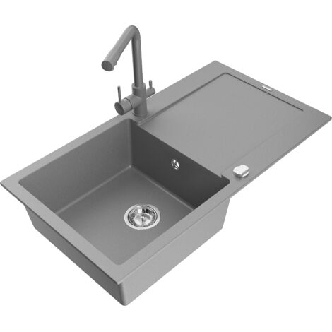 Mexen Leo évier en granit 1 bac avec égouttoir et robinet de cuisine Duero, gris - 6501-71-671600-71 (1/5)