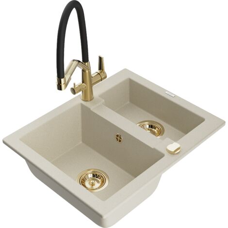Mexen Carlos évier en granit 1,5 bac avec robinet de cuisine Duo, beige - 6518-69-671701-57-G (1/5)