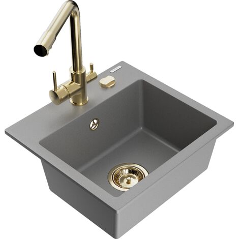 Mexen Milo évier en granit 1-bac avec robinet cuisine Duero, gris - 6505-71-671600-50 (1/5)