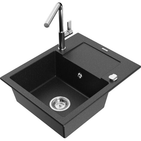 Mexen Enzo évier en granit 1 bac avec égouttoir et robinet de cuisine Flora, noir/métallisé argent - 6506-73-670401-00 (1/5)