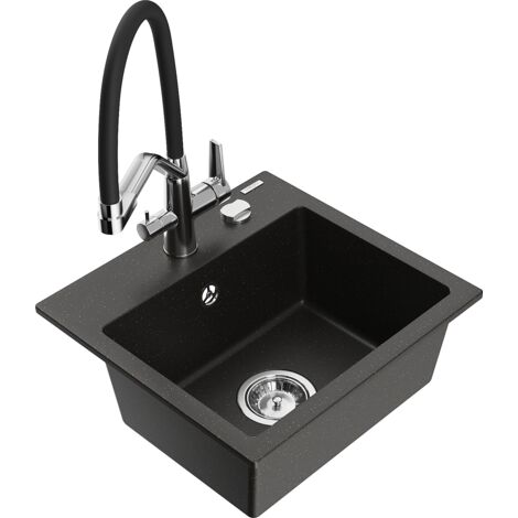 Mexen Milo évier de cuisine en granit 1 cuve avec robinet Duo, noir/or métallique - 6505-75-671701-07 (1/5)