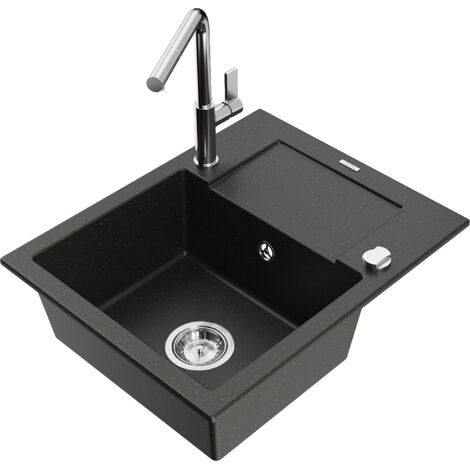 Mexen Enzo évier en granit 1 bac avec égouttoir et robinet de cuisine Flora, noir/or métallique - 6506-75-670401-00 (1/5)
