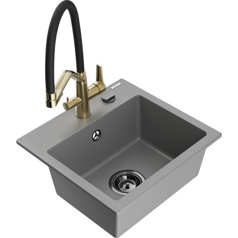 Mexen Milo évier en granit 1 cuve avec robinet de cuisine Duo, gris - 6505-71-671701-57-B (1/5)