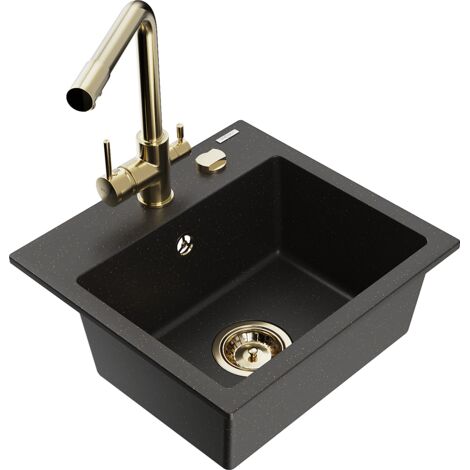 Mexen Milo évier en granit 1 bac avec robinet de cuisine Duero, noir/or métallique - 6505-75-671600-50 (1/5)