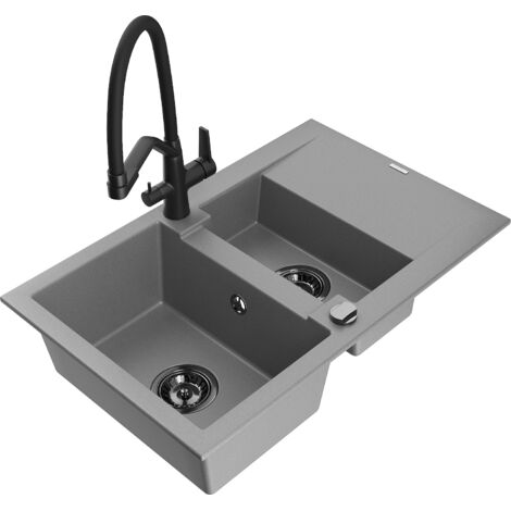 Mexen Gaspar évier en granit 1,5 bac avec égouttoir et mitigeur Duo, gris - 6507-71-671701-70-B (1/5)