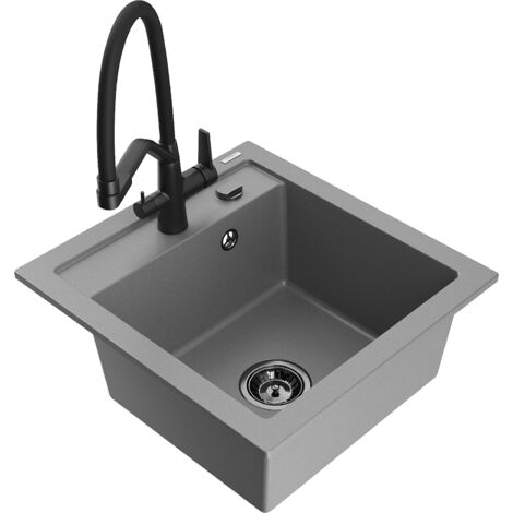 Mexen Vito évier en granit 1 bac avec robinet de cuisine Duo, gris - 6503-71-671701-70-B (1/5)