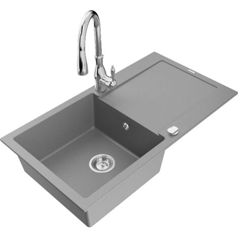 Mexen Leo évier en granit 1 bac avec égouttoir et robinet de cuisine Savita, gris - 6501-71-672601-00 (1/5)