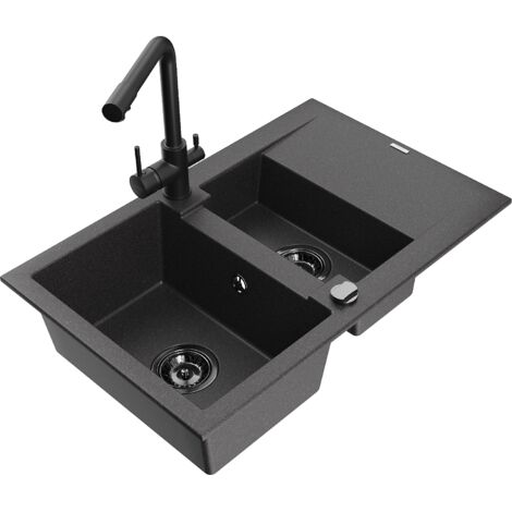 Mexen Gaspar évier en granit 1,5 bac avec égouttoir et robinet cuisine Duero, noir moucheté - 6507-76-671600-70-B (1/5)
