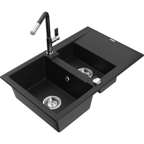 Mexen Gaspar évier en granit 1,5 bacs avec égouttoir et robinet Flora, noir - 6507-77-670401-07 (1/5)