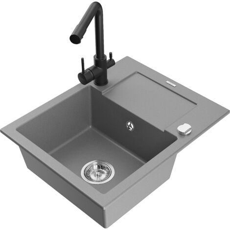 Mexen Enzo évier en granit 1 bac avec égouttoir et robinet de cuisine Duero, gris - 6506-71-671600-70 (1/5)